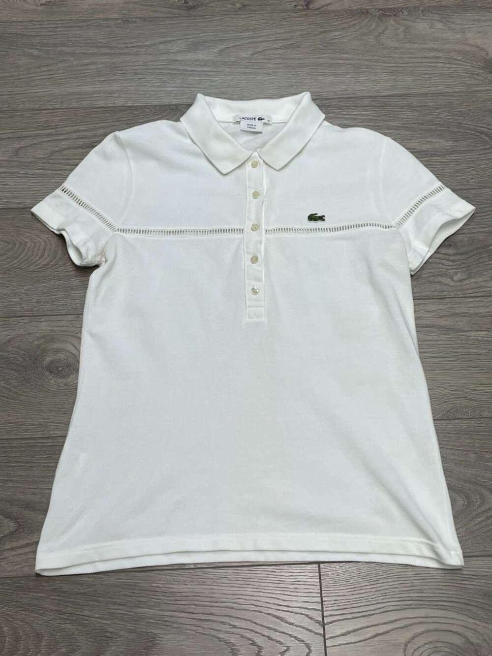 Vintage Lacoste White Crochet Knit Trim Polo Shirt Women Size 38 Medium Gorpcore